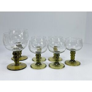7 VTG Roemer Goblet Glasses Avocado Green Stem Etched Grapevine 2 Big 5 Smaller